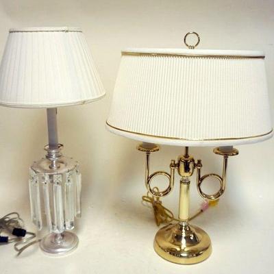 1048	2 TABLE LAMPS IN THE FORM OF A CANDLESTICK ONE W/PRISMS, TALLEST APPROXIMATELY 22 IN HIGH
