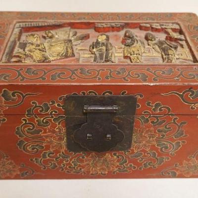 1251	ASIAN LACQUERED & GILT DECORATED BOX W/CARVED TOP PANEL, APPROXIMATELY 7 IN X 12 IN X 7 IN HIGH
