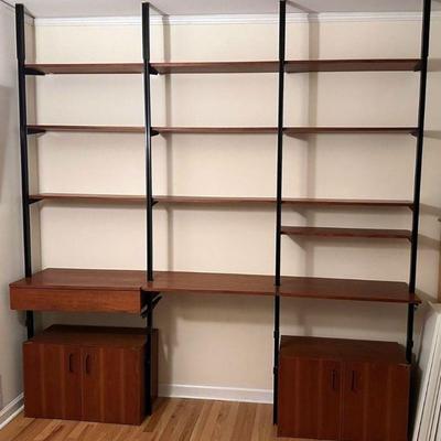 1190	MID CENTURY MODERN DANISH WALL UNIT, COMPRESSION FIT, APPROXIMATELY 96 IN X 89 IN
