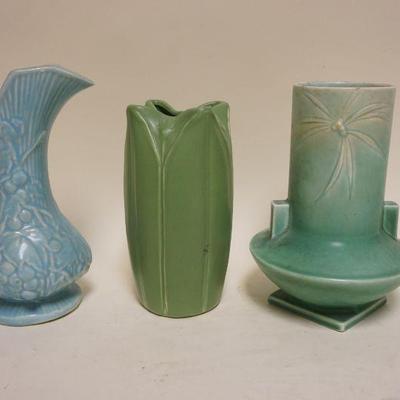 1057	GROUP OF ASSORTED ART POTTERY ITEMS INCLUDING ROSEVILLE GREEN DAWN 8 1/2 IN VASE, MCCOY EWER AND MMA VASE
