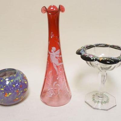 1261	GLASS LOT INCLUDING ART GLASS ROSE BOWL, HAND PAINTED COMPOTE & MARY GREGORY 12 INCH VASE
