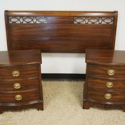1138	DIXIE MAHOGANY PAIR OF 3 DRAWER BED SIDE STANDS AND FULL SIZE HEAD BOARD
