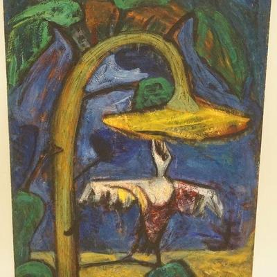 1117	THEO HIOS OIL PAINTING ON BOARD *BIRD EATING SUNFLOWER SEEDS * DATED 1950, APPROXIMATELY 16 IN X 22 IN

