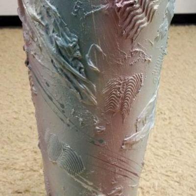 1039	LARGE ARTIST SIGNED FLOOR URN W/PASTEL COLORS & APPLIED DECOUPAGE, APPROXIMATELY 36 IN HIGH
