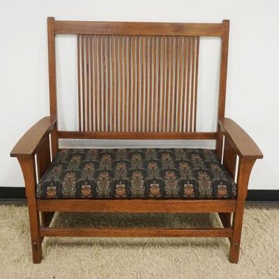 1148	STICKLEY MISSION COLLECTION ARTS & CRAFTS OAK SPINDLE SETTEE, APPROXIMATELY 49 IN X 22 IN X 49 IN H
