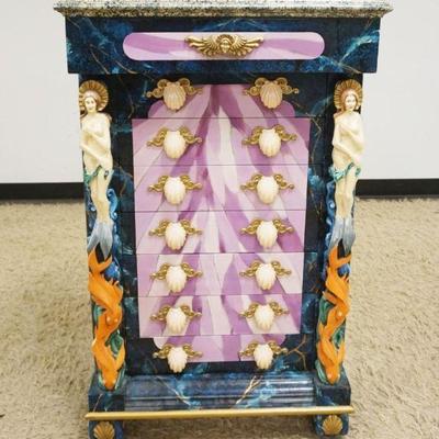1175	PAINT DECORATED 8 DRAWER SHEST WITH SHELL DRAWER PULLS AND CARVED MERMAID SIDES, ARTIST SIGNED, APPROXIMATELY 24 IN X 15 IN X 39 IN H
