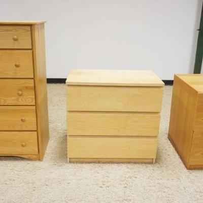 1207	FURNITURE 3 PIECE LOT, 5 DRAWER GIGH CHEST APPROXIMATELY 29 IN X 18 IN X 49 IN H, 3 DRAWER LOW CHEST APPROXIMATELY 32 IN X 19 IN X...