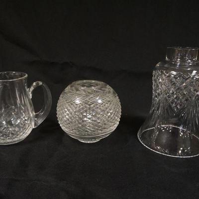 1075	WATERFORD CRYSTAL ROSE BOWL, PITCHER AND HURRICANE SHADE
