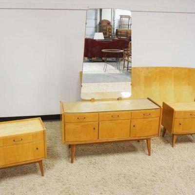 1193	MID CENTURY MODERN 4 PIECE MAPLE BEDROOM SET WITH LOW CHEST WITH MIRROR APPROXIMATELY 46 IN X 16 IN X 68 IN H, 2 BED SIDE STANDS AND...