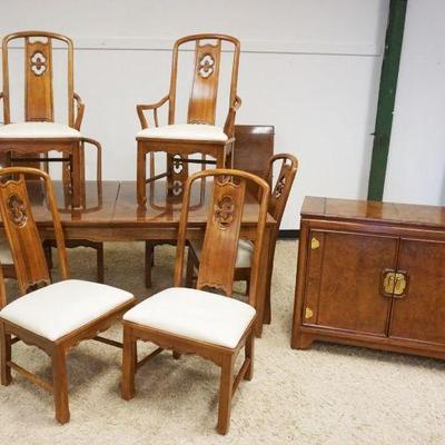 1169	THOMASVILLE 10 PIECE WALNUT DINING ROOM SET INCLUDING 8 CHAIRS, TABLE APPROXIMATELY 72 IN X 45 IN X 30 IN H, 2 LEAVES AND BAR
