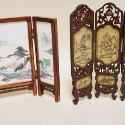 1250	2 MINIATURE ASIAN FOLDING SCREENS, ONE W/PORCELAIN PANELS, TALLEST APPROXIMATELY 8 IN HIGH
