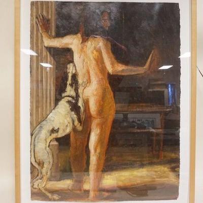 1112	DOMENIC CRETARA PAINTING FRAMED UNDER GLASS, NUDE WOMAN AND DOG, APPROXIMATELY 27 IN X 34 IN OVERALL
