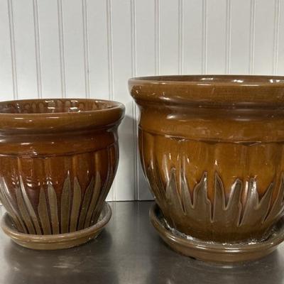 (2) Brown Ceramic Planters w/ Trays