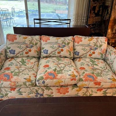 A pair of rounded back Parson style sofas with down cushions, approx 7â€™ x 3â€™, no name, springs need to be retied, but the shape is...