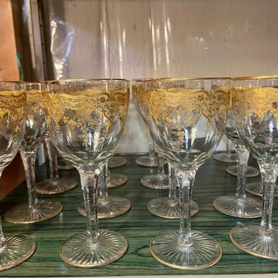 Antique St Louis crystal glasses, hand blown in France and decorated with gold trim