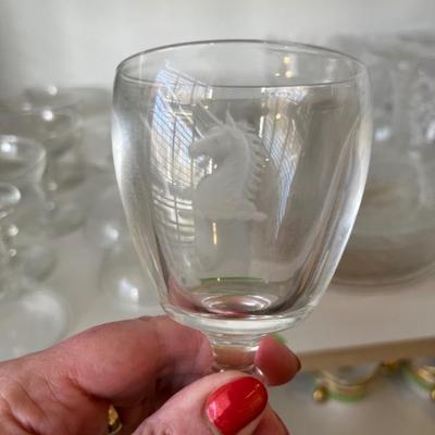 Unicorns! A whole set of adorable stemware and vintage ashtrays with acid etched unicorns