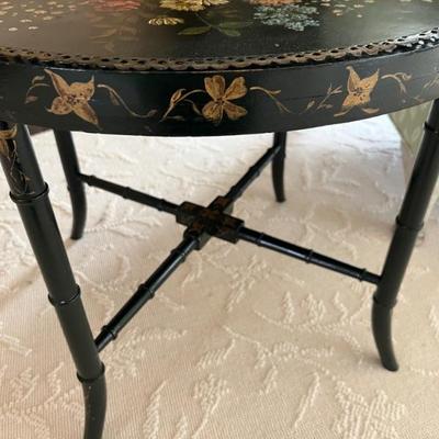 Antique round tole tray table painted with flowers and a matching hand-painted base