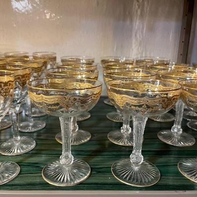 Antique St Louis crystal glasses, hand blown in France and decorated with gold trim