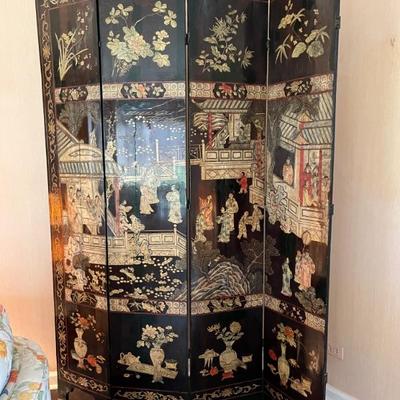 CHINESE EIGHT PANEL COROMANDEL FLOOR SCREENâ€¨19th Centuryâ€¨Polychrome decorated with figure in various pursuits 
Each panel: 84â€ x 18...
