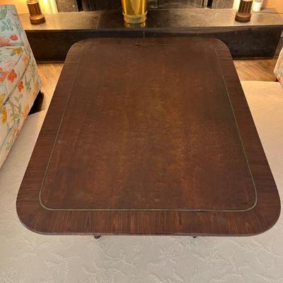 Antique pedestal tea/coffee table with brass inlay, a bit of the brass is popping out, but it would be worth fixing it