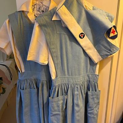 WW2 American Red Cross nurseâ€™s aide uniforms, 3 uniforms plus wool dress coat with matching bag and cap, made by Abercrombie and Fitch