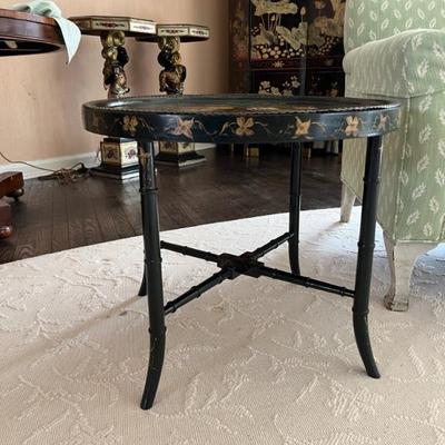 Antique round tole tray table painted with flowers and a matching hand-painted base