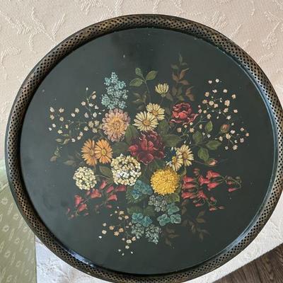Antique round tole tray table painted with flowers and a matching hand-painted base