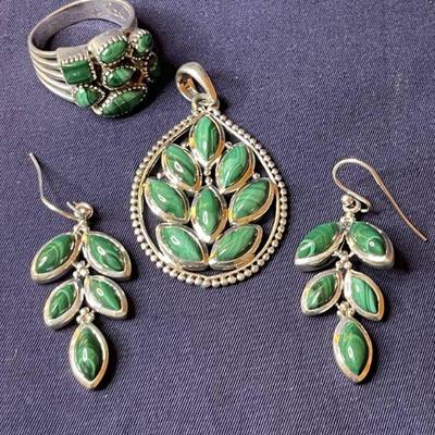 Sterling Silver Malachite (?) TREE OF LIFE Necklace Pendant, Matching Earrings and CHUNKY Ring