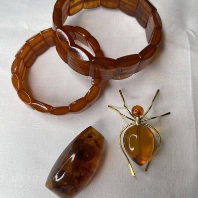 UNIQUE Bakelite (?) and/or Vintage Russian Baltic Amber (?) Spider Brooch, Bracelets and a LARGE Amber Chunk Pin