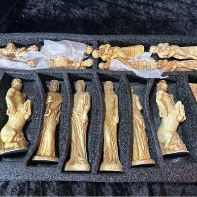 Greek Mythology Chess Set 6 Inch 16 Pieces Board Two Tone Stone Decor