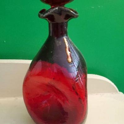 Vintage Blenko Ruby-red Crackle Glass Decanter