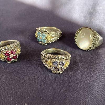 3 BARBARA BIXBY Sterling Silver (?) ORNATE FLOWER Rings and a Michael Dawkins STATEMENT Ring