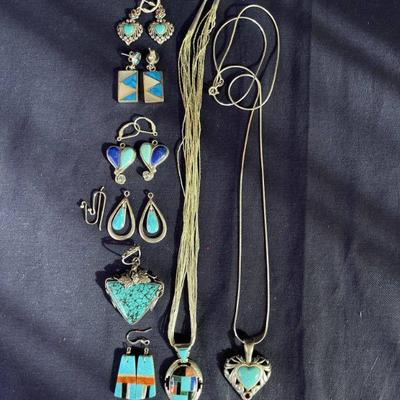 VARIETY of SOUTHWEST INSPIRED Sterling Silver and Turquoise (?) Earrings and Necklaces