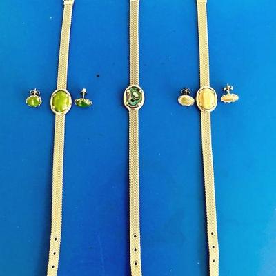 HTH066 Gemstone SS Mesh Bracelets (3) W/ Earrings 