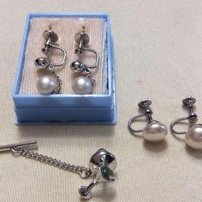 IFT028 14K Pearl Earrings, Costume Jewelry Earrings & Tie Pin 