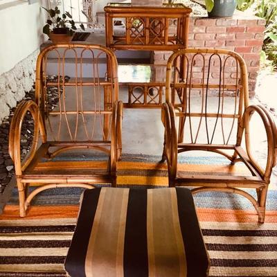 Pair of Vintage Rattan Chaires w/Ottoman