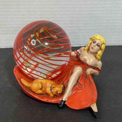 Slightly Naughty Lady In Orange Dress And Solid Glass Ball