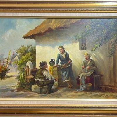 Lot 094   
Agostos Acs Signed Three Figures by House Oil Painting in Wood Frame