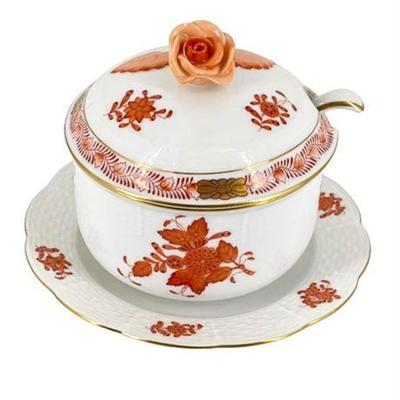 Lot 107  
Herend Hungary Chinese Bouquet (Rust) Jam Server with Spoon