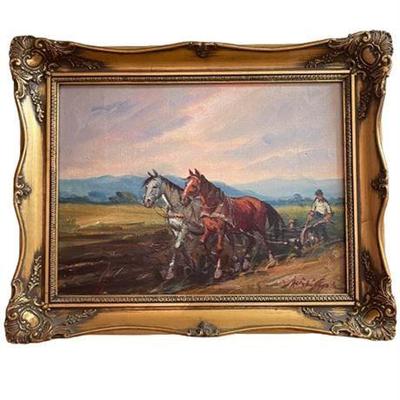 Lot 176  
Farmer and Horses Landscape Oil on Canvas, Hungarian Signed