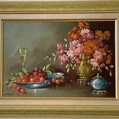 Lot 067. 
M. Varga Floral and Cherry Still Life Study, Oil on Canvas Signed