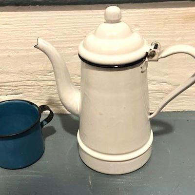 Enamelware Coffee Pot & Blue Cup
