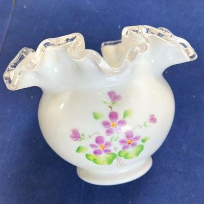 Fenton Artist signed Ruffled Edge Violets in the Snow
