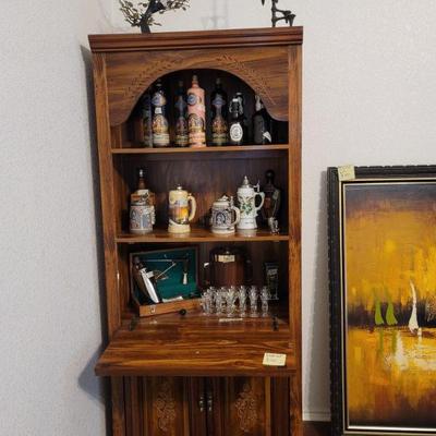 Bookcase w/ Bar, Barware, German Steins