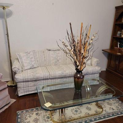 3 Seat Sofa w/ Hide-a-Bed, Brass/Glass Coffee Table