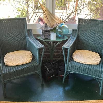 1920s Heywood-Wakefield wicker chairs, settees and tables, green and white