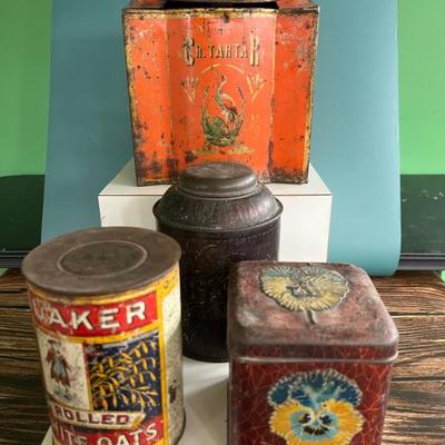 Antique advertising tins and cardboard containers: G&P bread, McLaughlin Coffee, Quaker, CR Tartar, Wag Coffee, Scheppâ€™s Cocoanut, A&P...