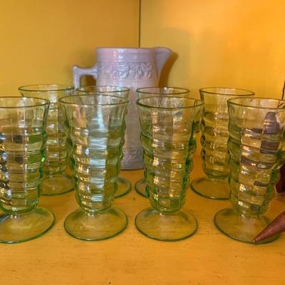 a set of 8 parfait or milkshake glasses, uranium green, Utility Glass Co, WVA