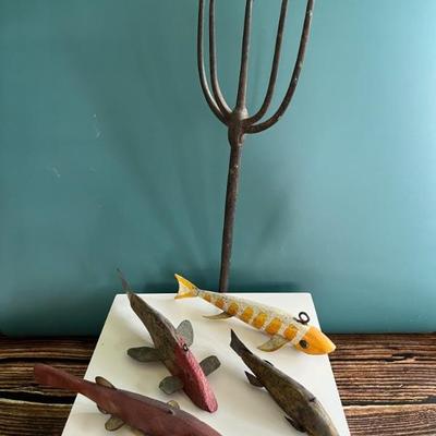 Antique ice fishing lures and a hand forged iron ice fishing spear from upstate New York