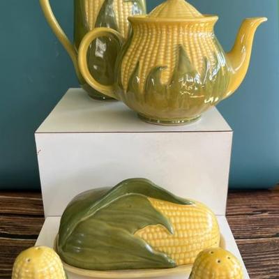 Vintage Shawnee corn cob chinaâ€”pitchers, teapot, cream and sugar, butter dish, serving dishes, salt and pepper and more
